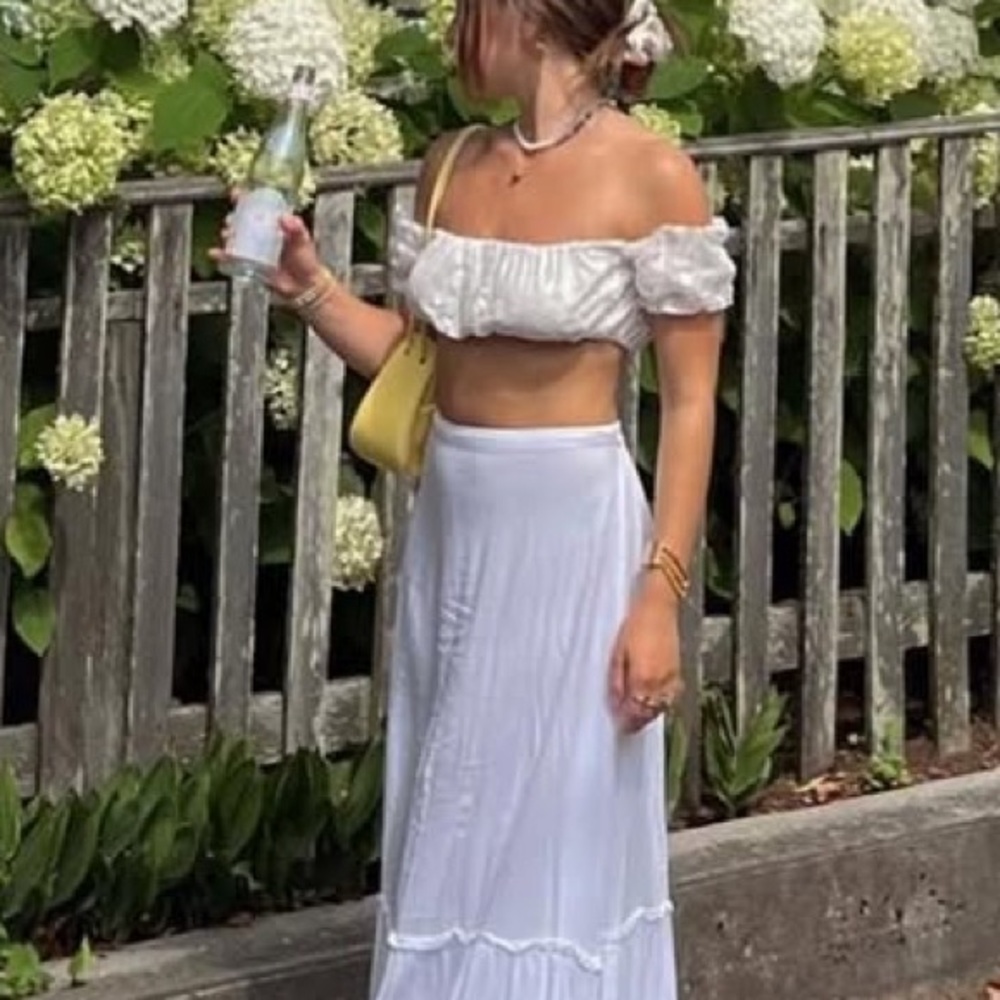 STAUD Off-Shoulder Floral Lace Crop Top